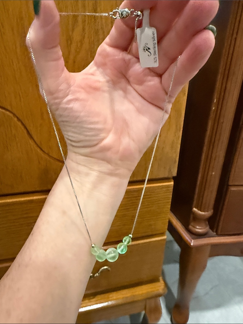 Silver Necklace with Light Green Beads by Unbranded